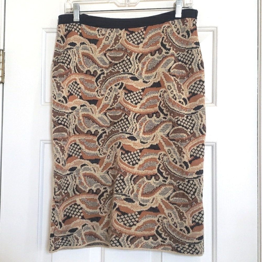 Anthropologie SPARROW Sweater Knit Skirt Abstract Forest Print Navy Tan Mustard - Picture 4 of 10